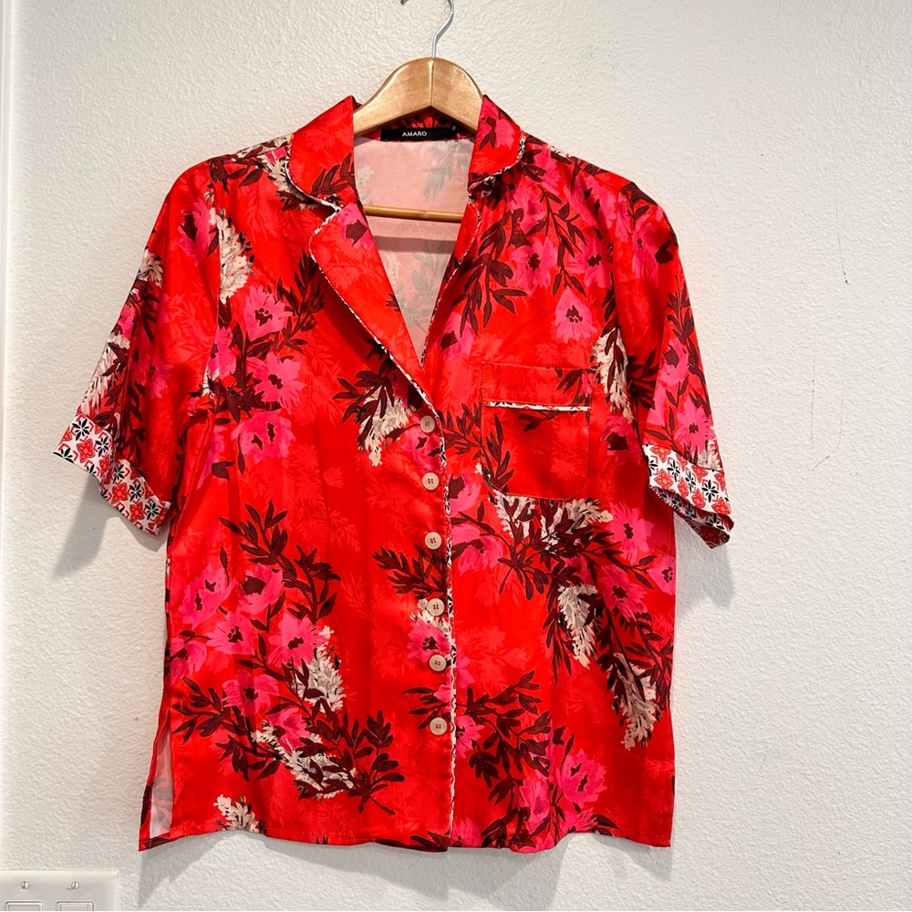 AMARO Pink Floral Silky Button Front Blouse Top sz 6